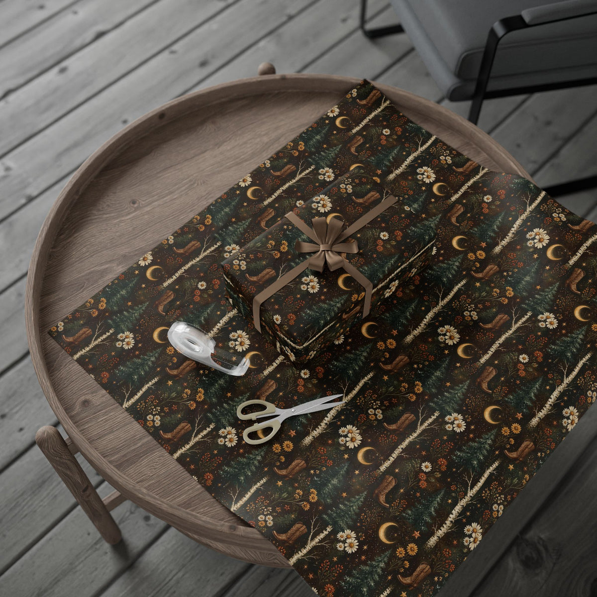 Western Boho Midnight Pines Wrapping Paper | Cowboy Boots & Moons Holiday Gift Wrap | Pearl & Company™ Dust & Daisies