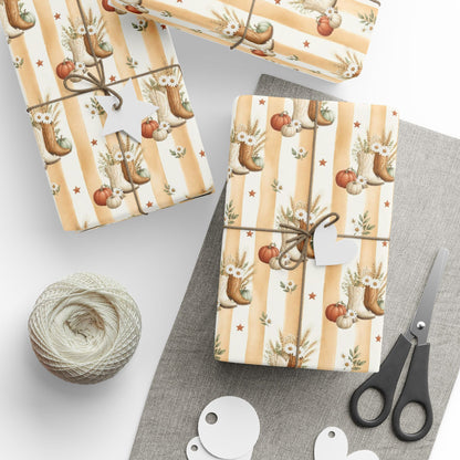 Western Boho Cream Stripe Wrapping Paper | Cowboy Boots & Pumpkins Harvest Gift Wrap | Pearl & Company™ Dust & Daisies