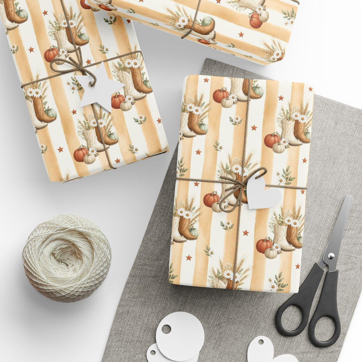 Western Boho Cream Stripe Wrapping Paper | Cowboy Boots & Pumpkins Harvest Gift Wrap | Pearl & Company™ Dust & Daisies