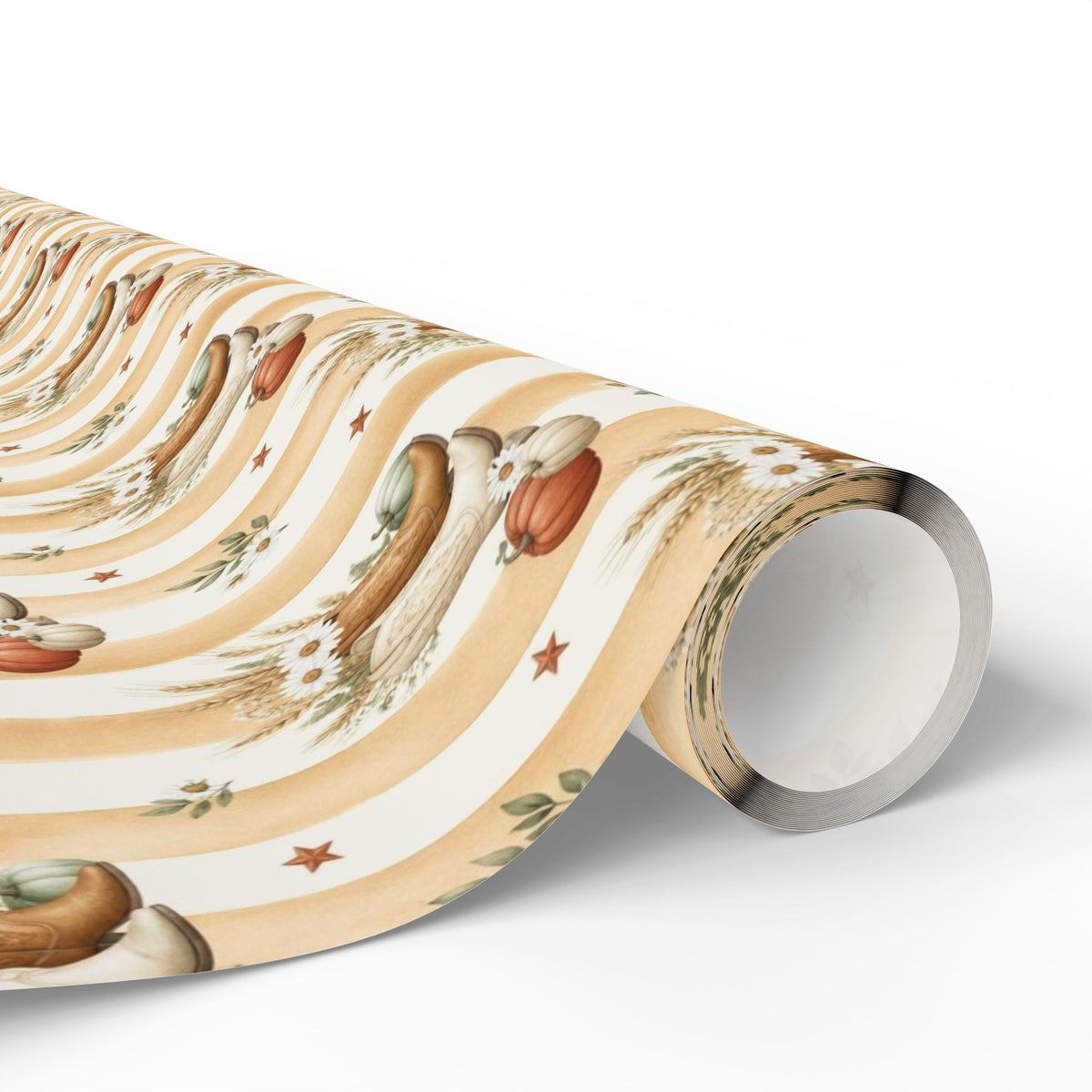 Western Boho Cream Stripe Wrapping Paper | Cowboy Boots & Pumpkins Harvest Gift Wrap | Pearl & Company™ Dust & Daisies