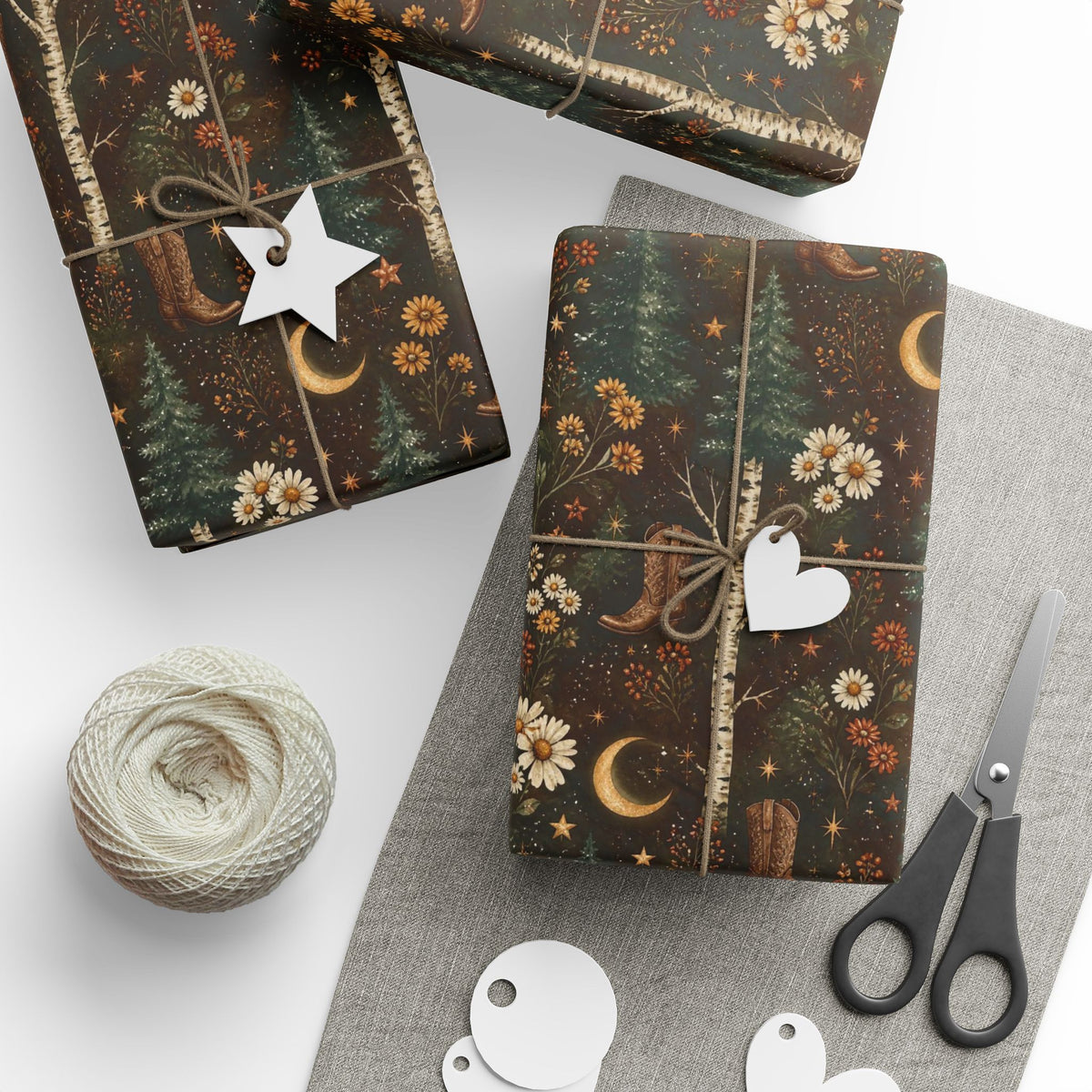 Western Boho Midnight Pines Wrapping Paper | Cowboy Boots & Moons Holiday Gift Wrap | Pearl & Company™ Dust & Daisies