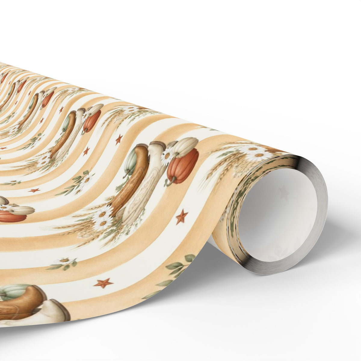 Western Boho Cream Stripe Wrapping Paper | Cowboy Boots & Pumpkins Harvest Gift Wrap | Pearl & Company™ Dust & Daisies