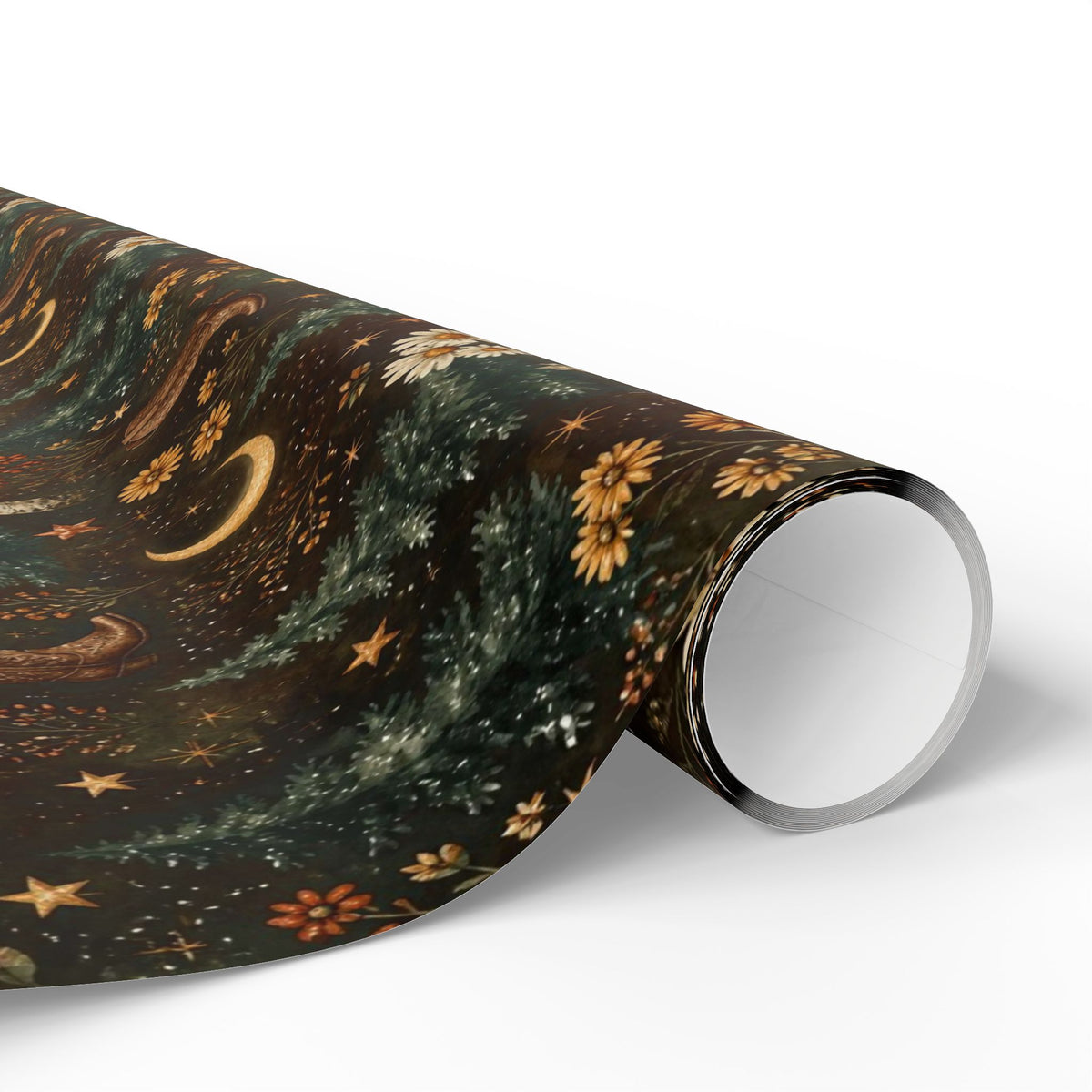 Western Boho Midnight Pines Wrapping Paper | Cowboy Boots & Moons Holiday Gift Wrap | Pearl & Company™ Dust & Daisies