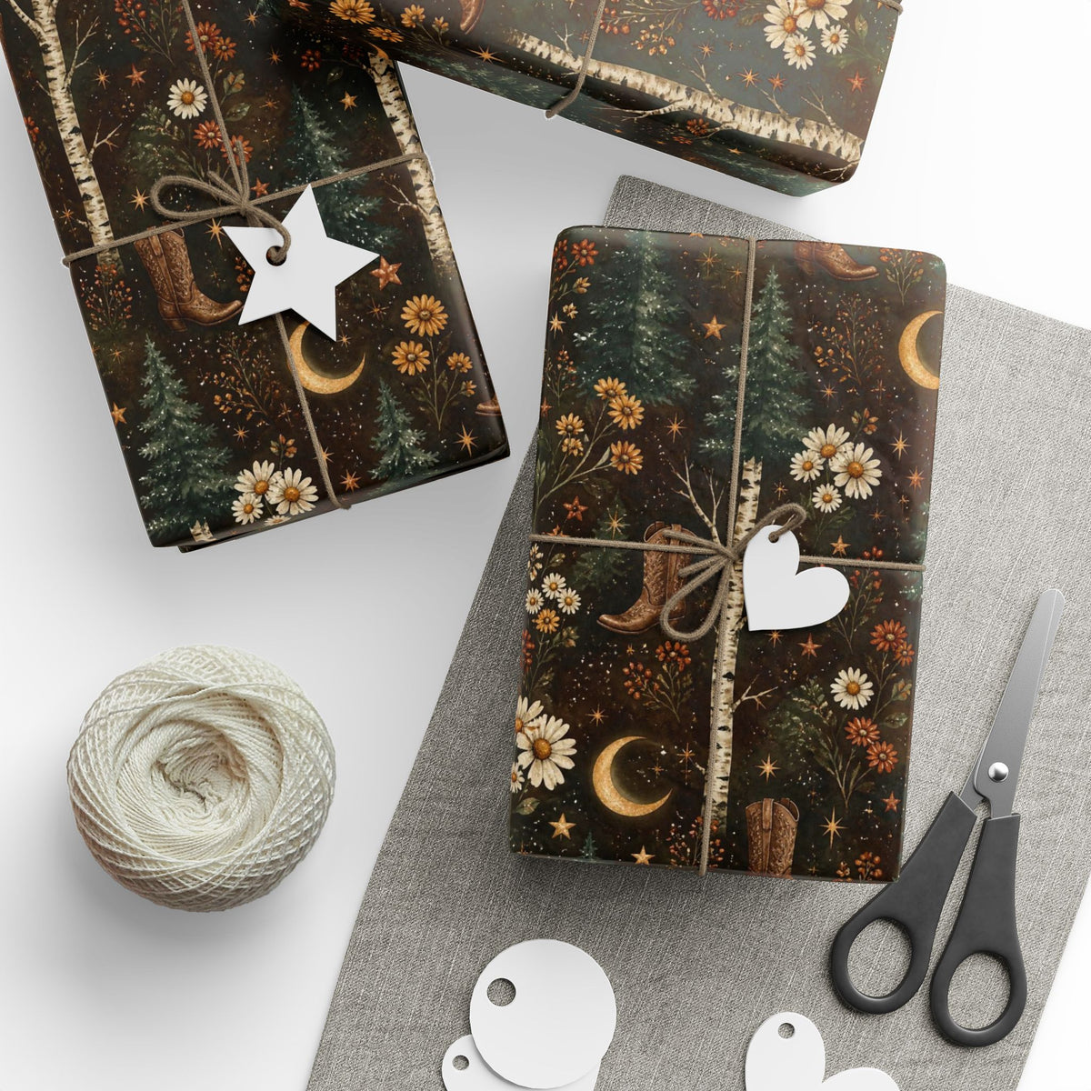 Western Boho Midnight Pines Wrapping Paper | Cowboy Boots & Moons Holiday Gift Wrap | Pearl & Company™ Dust & Daisies