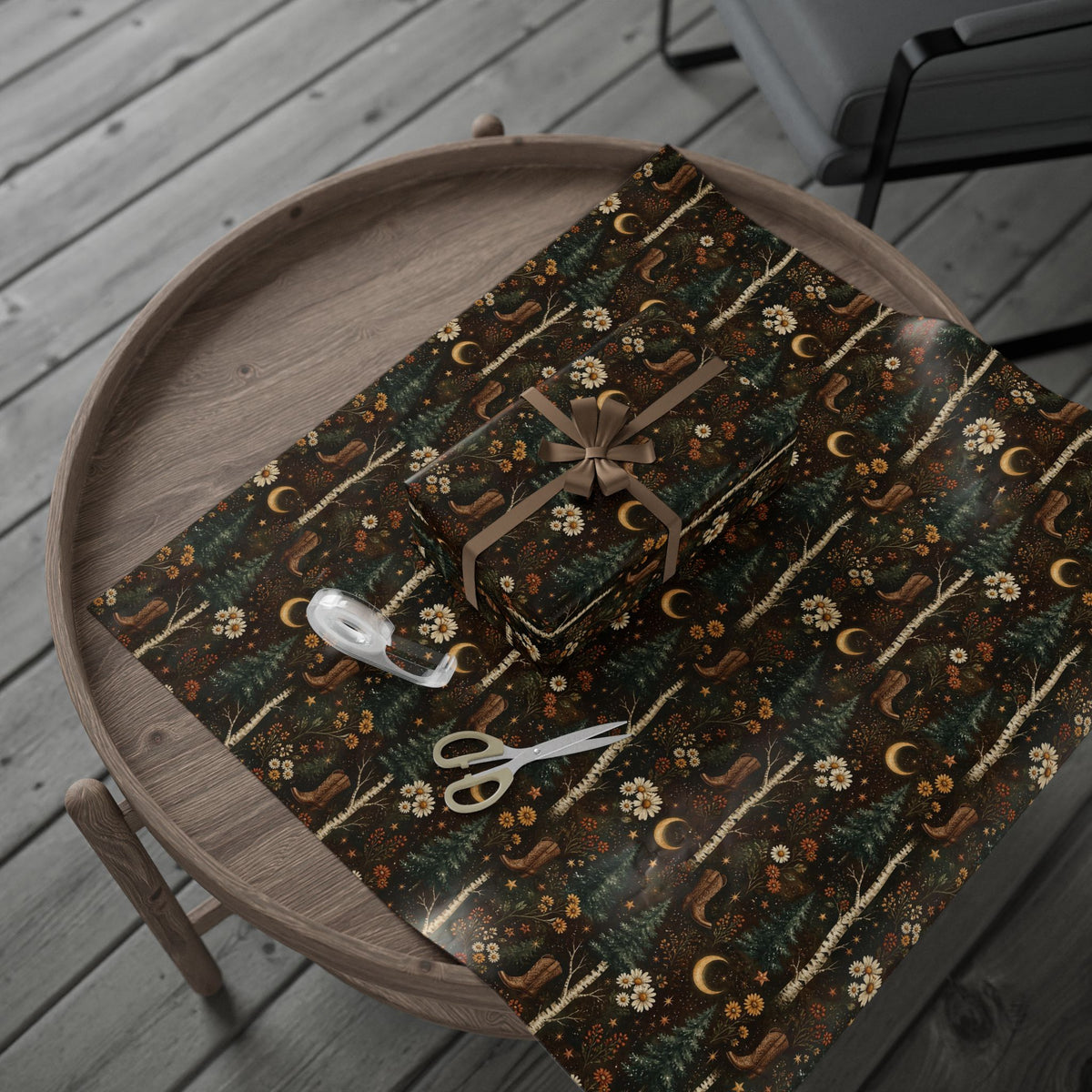 Western Boho Midnight Pines Wrapping Paper | Cowboy Boots & Moons Holiday Gift Wrap | Pearl & Company™ Dust & Daisies