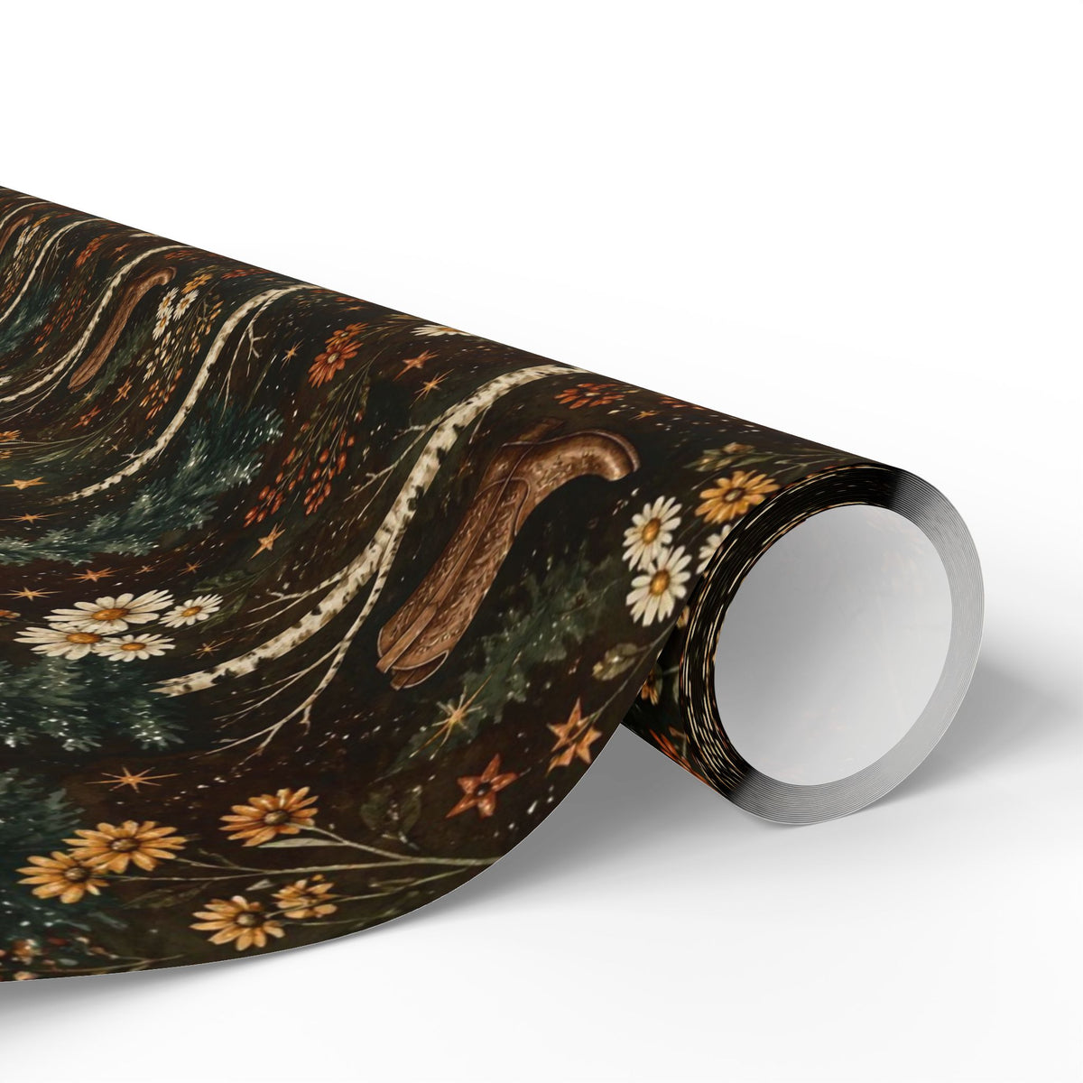 Western Boho Midnight Pines Wrapping Paper | Cowboy Boots & Moons Holiday Gift Wrap | Pearl & Company™ Dust & Daisies