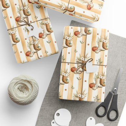 Western Boho Cream Stripe Wrapping Paper | Cowboy Boots & Pumpkins Harvest Gift Wrap | Pearl & Company™ Dust & Daisies